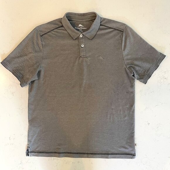 Tommy Bahama Neutral 2 Button SS Sporty Cotton Blend Polo Shirt Grey + Blk Sz L - Picture 1 of 11